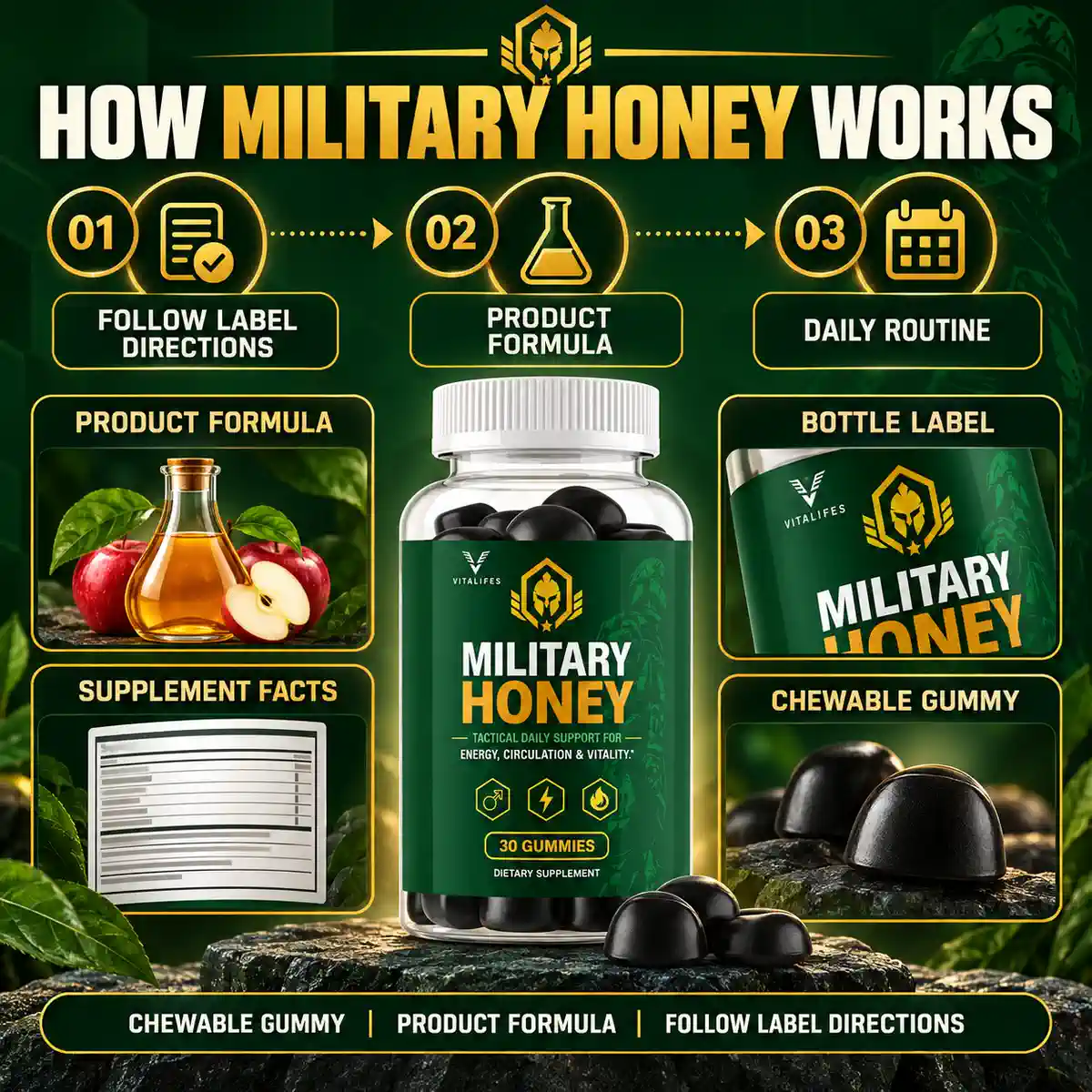 How Military Honey works listing image with apples and a vinegar bottle under product formula