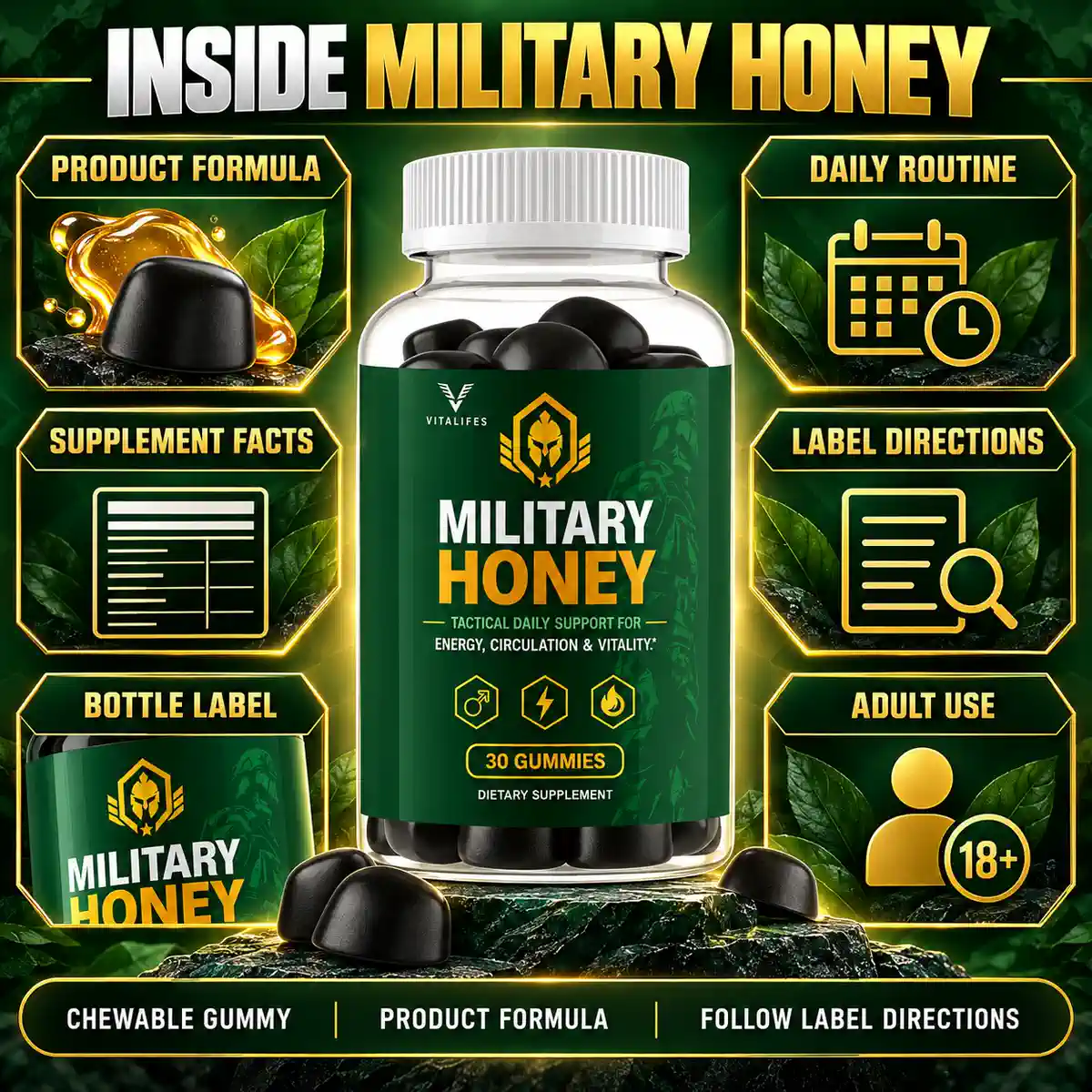 Inside Military Honey listing image with a honey drip under product formula