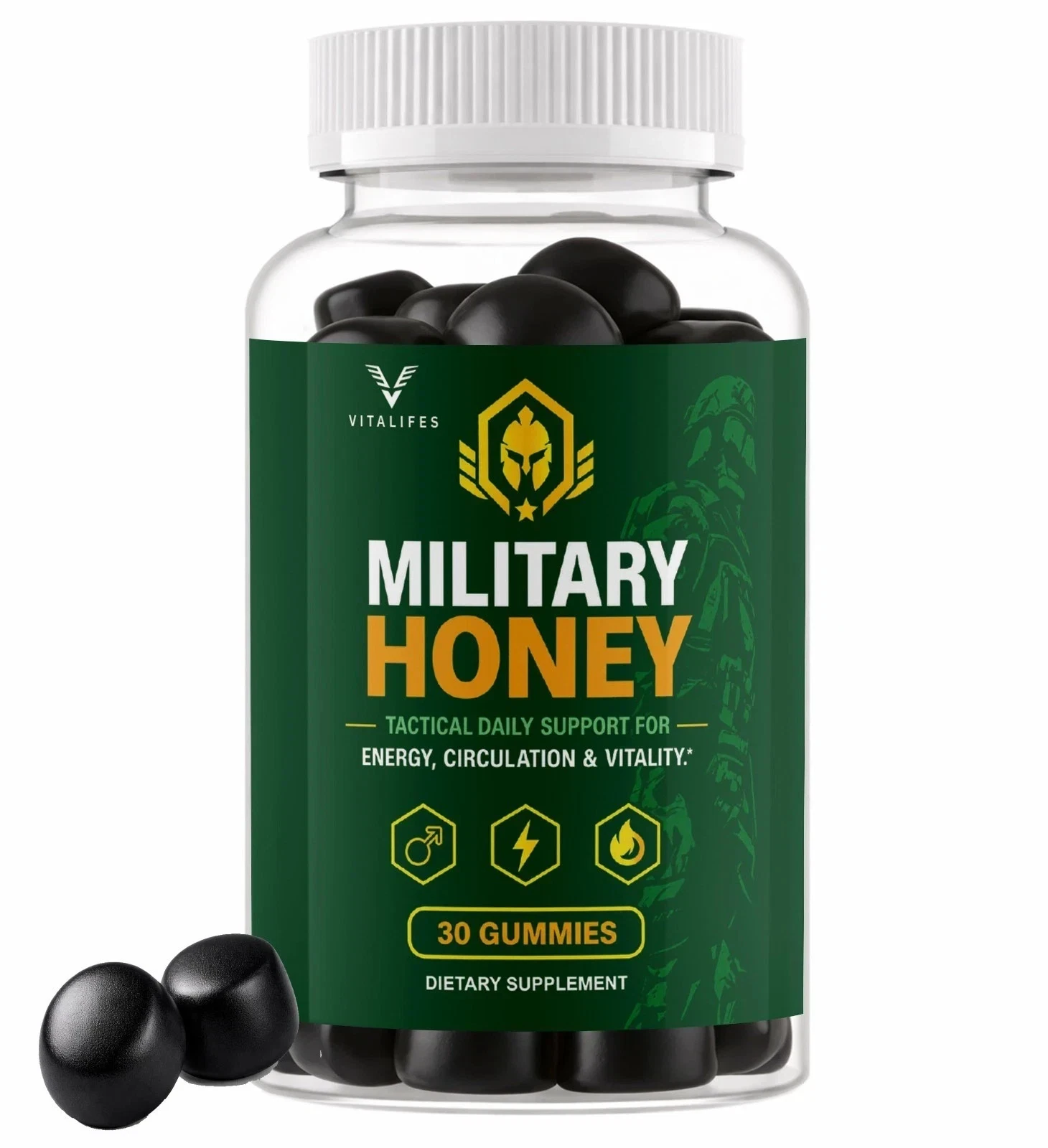 Military Honey bottle with loose black gummies